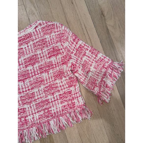 Chanel 24P Pink White Knit Frayed Tweed CC Logo Short Sleeve Pullover Top 38 - Picture 15 of 16